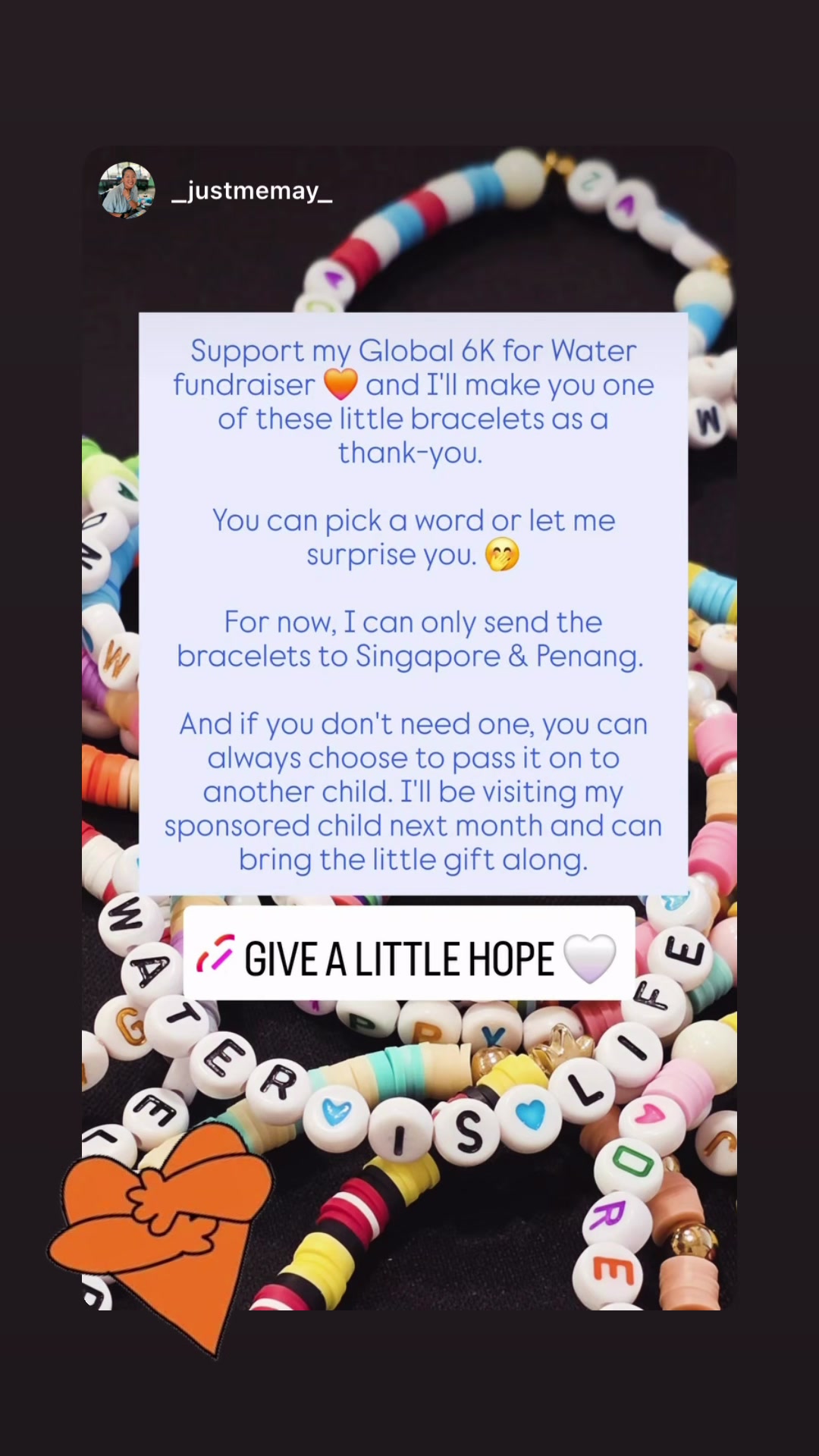 Instagram Story from _justmemay_ offering handmade bracelets as a thank-you gift to donors