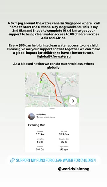 Instagram Story from Patricia Ng showing a Strava screenshot of a 6km run with distance and pace stats