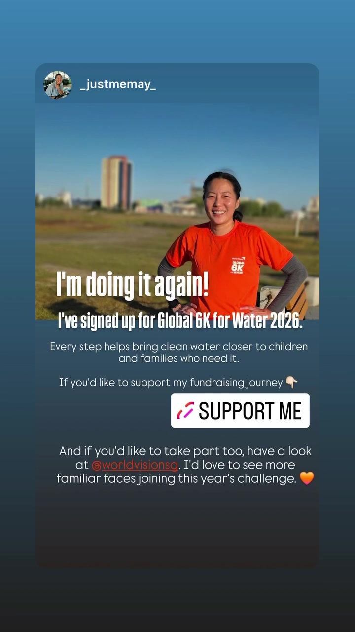 Instagram Story from _justmemay_ announcing she has signed up for Global 6K for Water 2026 again
