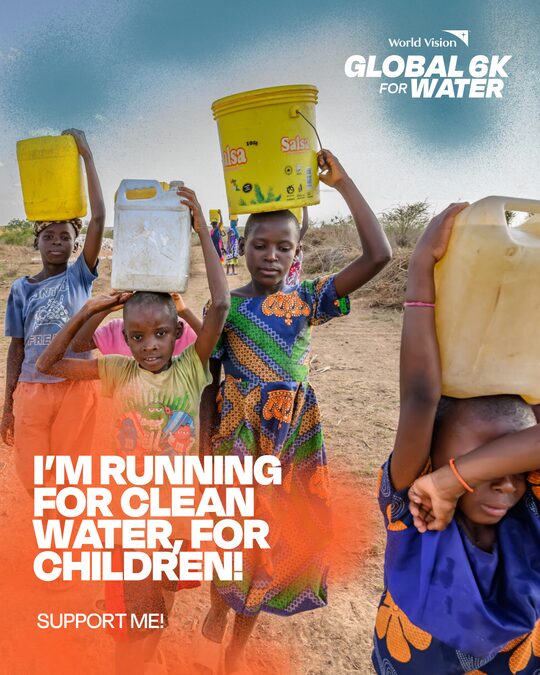 Template: I'm running for clean water, for children — runner with water container